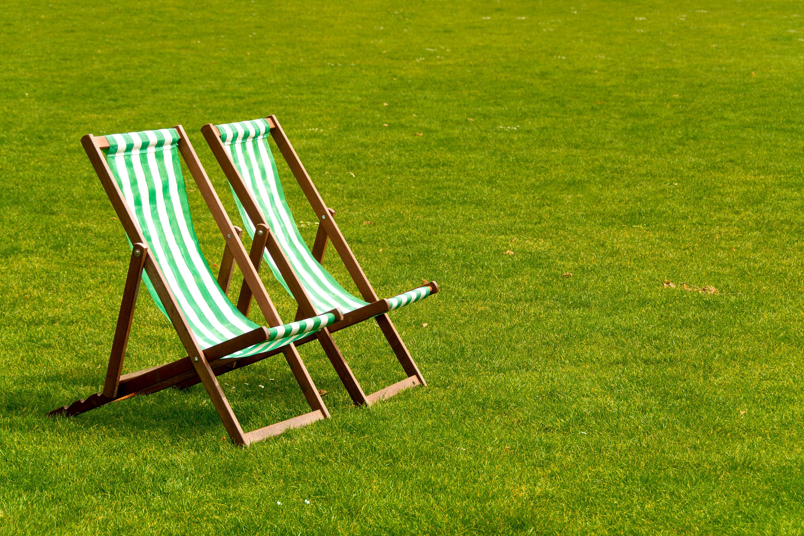 Deux chaises longues rayées sur une pelouse verte luxuriante sous un soleil éclatant, évoquant la détente.