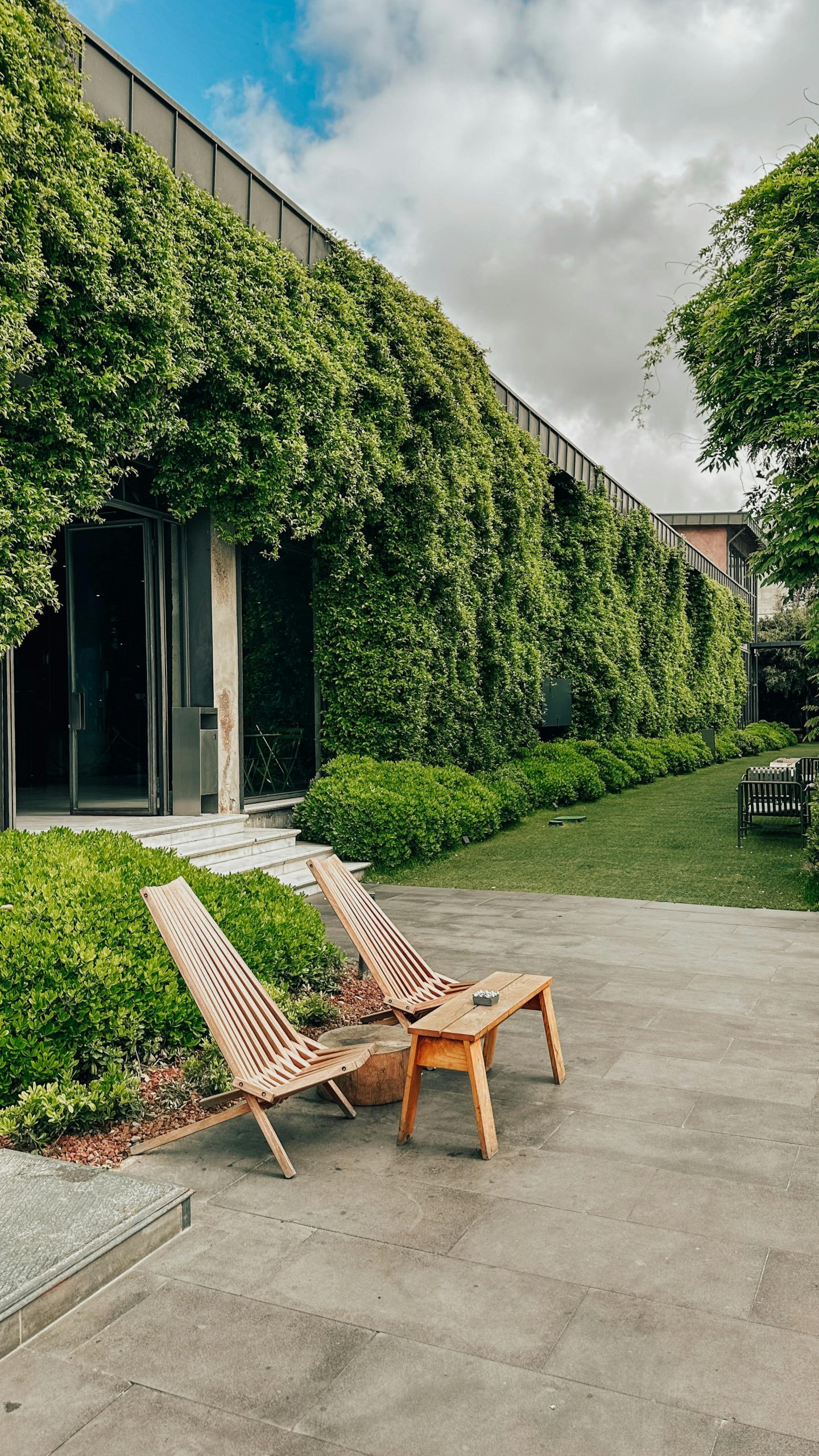 Charmant jardin-terrasse avec un bâtiment couvert de lierre et des chaises longues en bois par une journée ensoleillée.