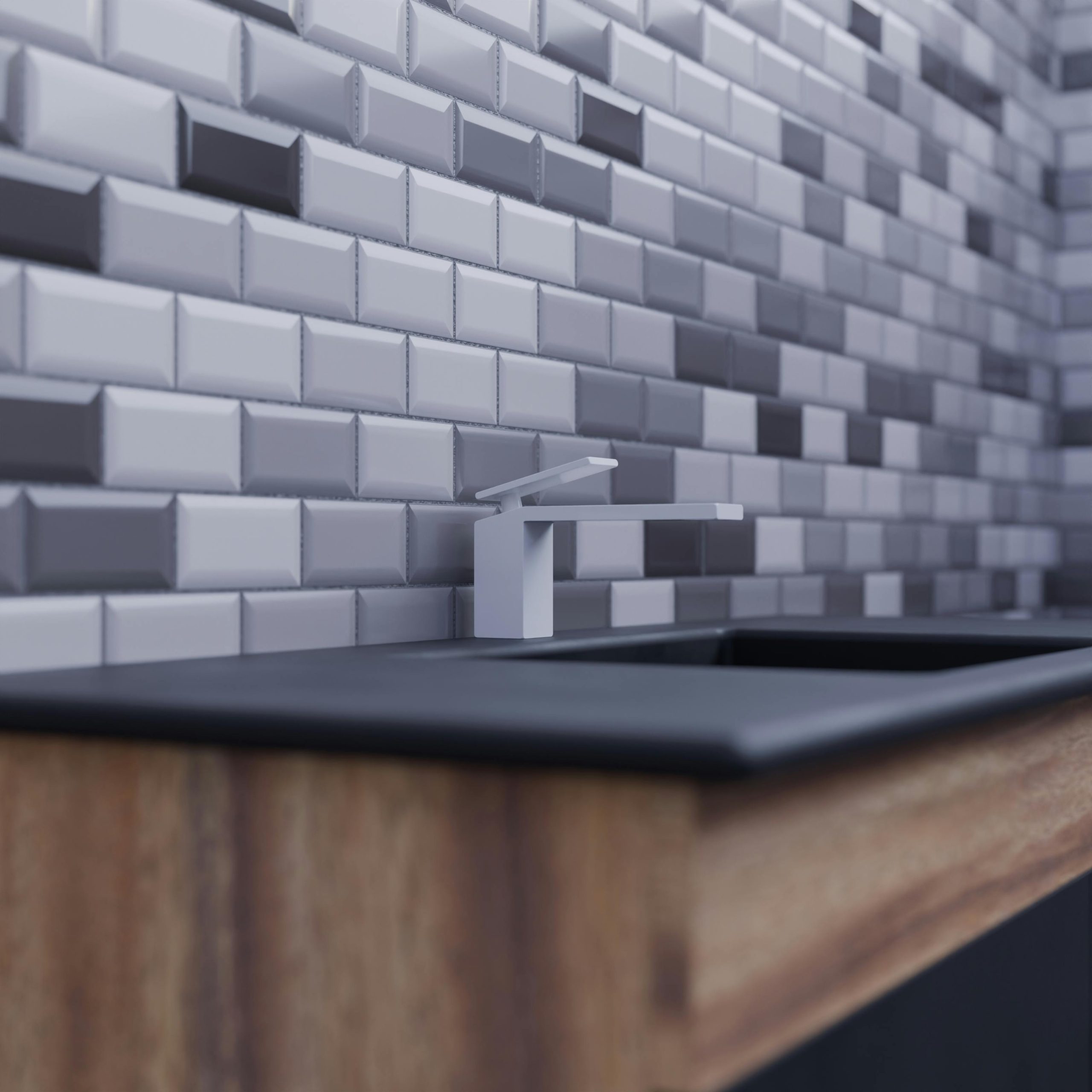 A sleek modern kitchen with a minimalist sink and stylish tiled backsplash in neutral tones. Une cuisine moderne épurée avec un évier minimaliste et un dosseret de carrelage élégant aux tons neutres.