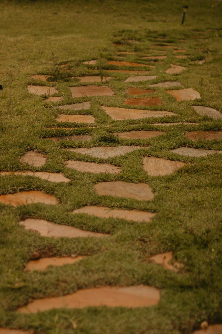 Beautifully laid stone path in a green grass garden, evoking a sense of tranquility and nature's harmony. Un magnifique chemin en pierre posé dans un jardin avec pelouse verte, évoquant un sentiment de tranquillité et l'harmonie de la nature.