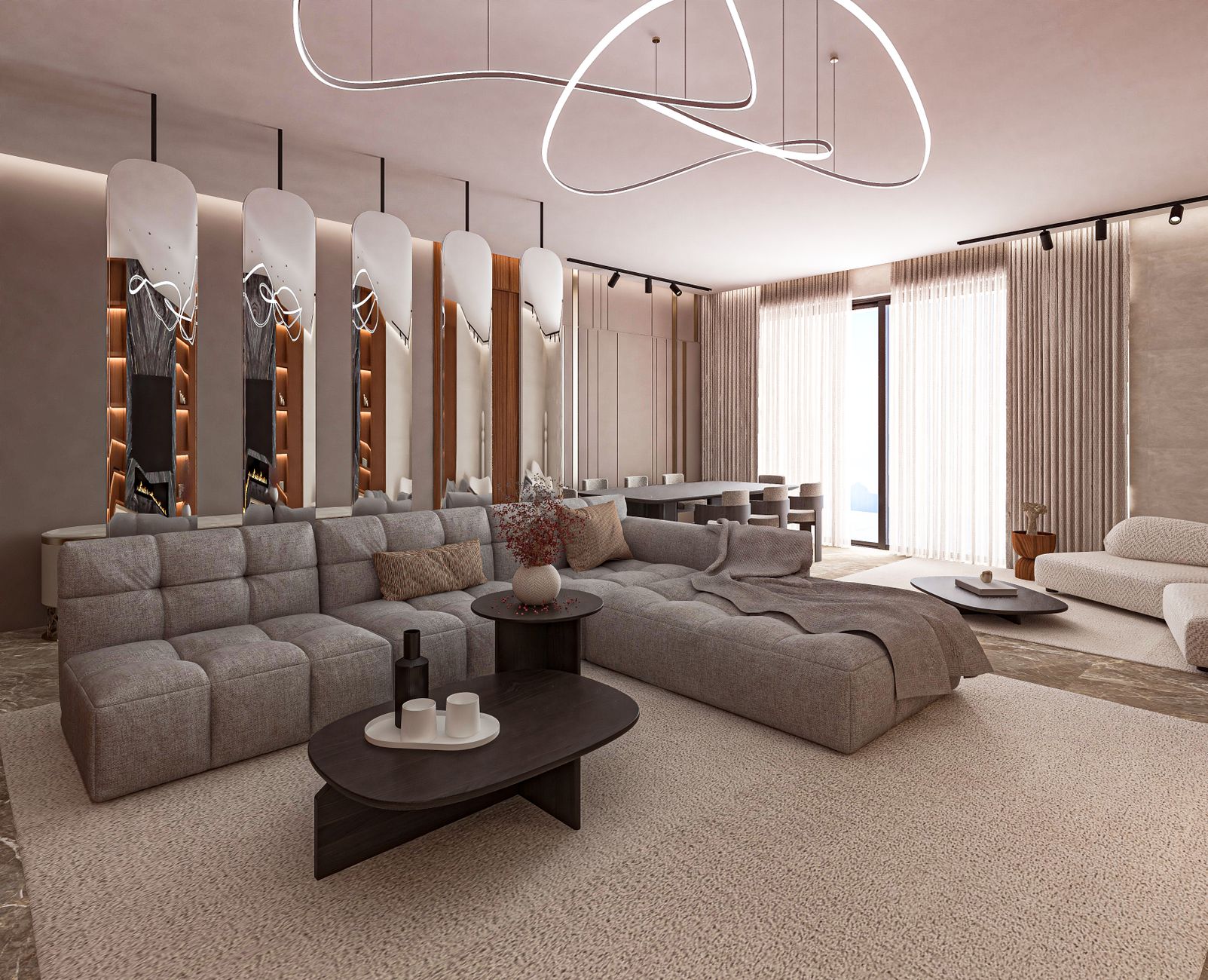 Salon moderne avec canape gris et eclairage design