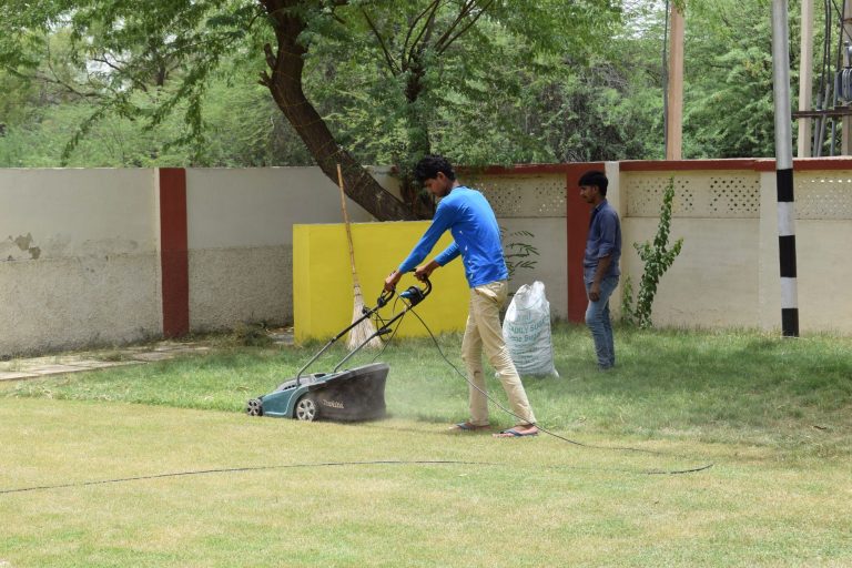 Jardiniers qui tondent une pelouse ensoleillee